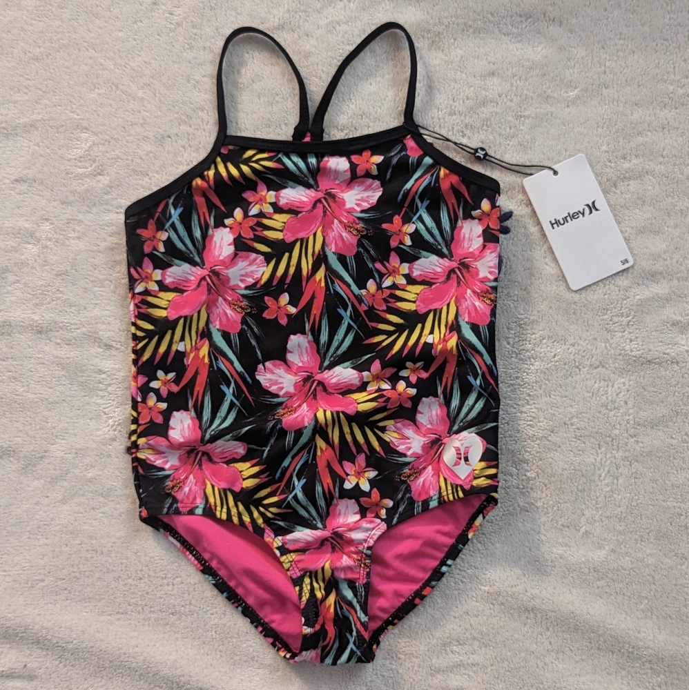 NWT Hurley Girls One Piece  Swimsuit Size- 5/6- Black/ Pink